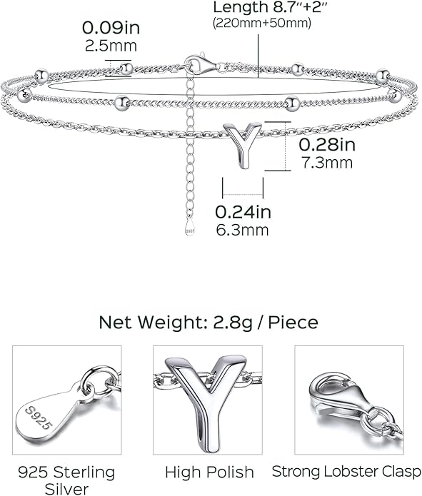 ChicSilver Ankle Bracelets for Women Waterproof, 925 Sterling Silver Initial Anklets for Women, Adjustable Dainty Layered Anklet Beach Jewelry for Women Mom Wife Friend