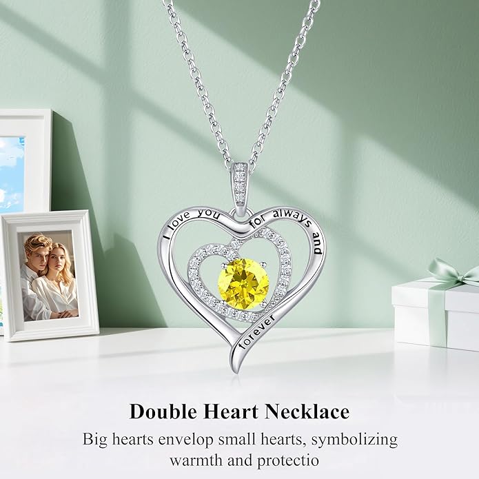 S925 Sterling Silver Necklace for Women, Christams Gift for Women, Love Heart Birthstone Necklaces for Women, Wife Jewelry, Mom Birthday Valentines Mothers Day Gifts, Girlfriend Necklaces, Daughter Heart Jewel, Anniversary for Her