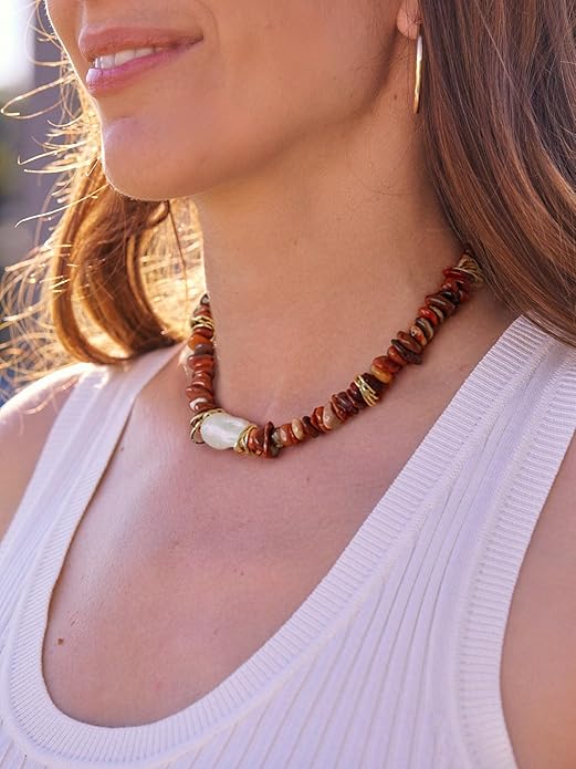 Chunky Statement Stone Beaded Necklace, Big Baroque Pearl Gold Choker, Trendy Boho Colorful Stone Jewelry