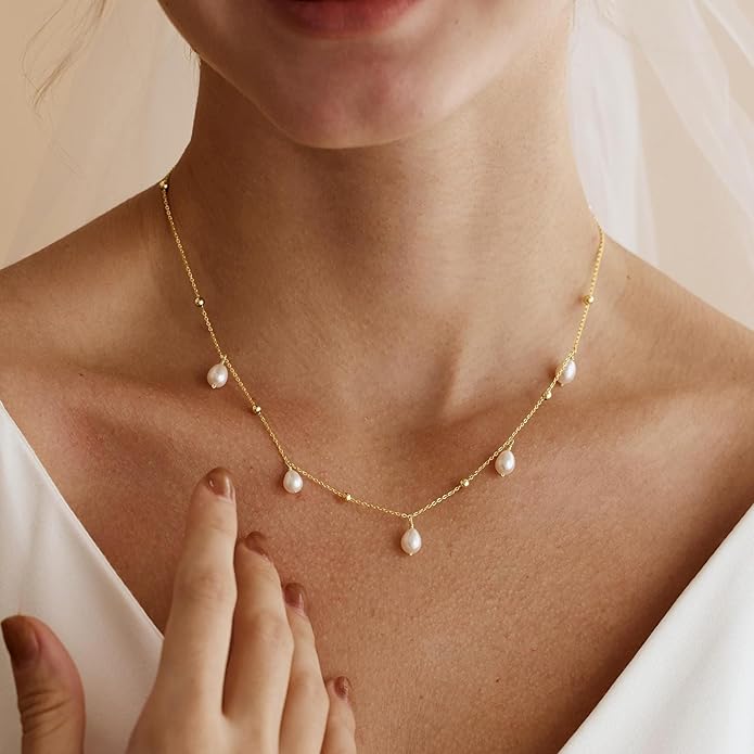 Gold Pearl Necklaces for Women Trendy, 14K Gold Plated Dainty Necklace Simple Layered Pearl Necklaces for Women Trendy Wedding Birthday Jewelry