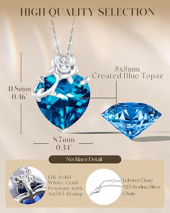 FANCIME 14K Solid White Gold Rose Pendant with Sterling Silver Chain Heart Birthstone Gemstone Fine Jewelry Christmas Gifts for Women Her