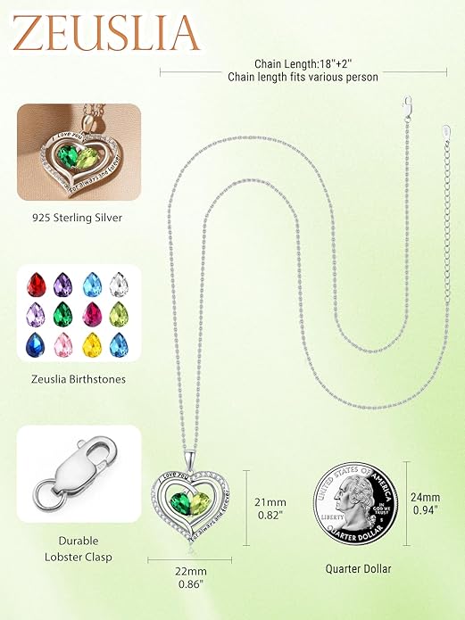 Zeuslia Double Birthstone Necklace Gifts for Wife - 925 Sterling Silver Sunflower/Rose/Crown Cross/Compass/Heart Pendant I Love You Necklace, Anniversary Birthday Gifts for Wife Girlfriend Mom Her
