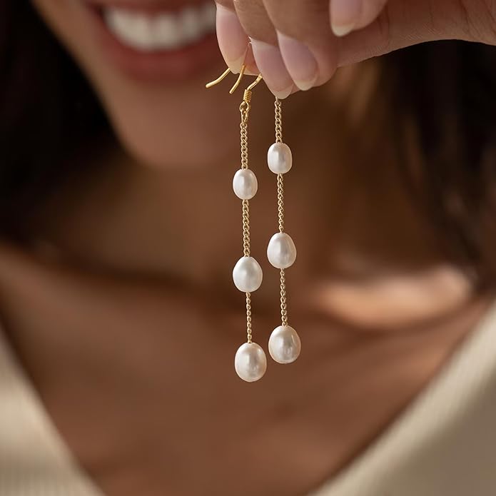 Long Pearl Earrings for Women 18K Gold Plated Hypoallergenic Lightweight Pearl Dangle Drop Earrings for Wedding Elegant Jewelry for Bridal Christmas Gift