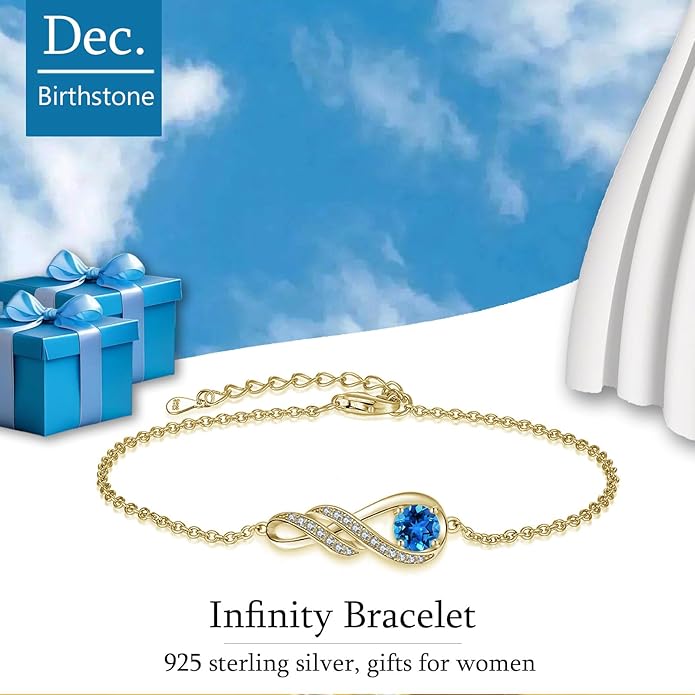 Birthstone Bracelets for Women 925 Sterling Silver Created Gemstone Bracelet Infinity Pendant Jewelry for Her, 6.7"+1.2"