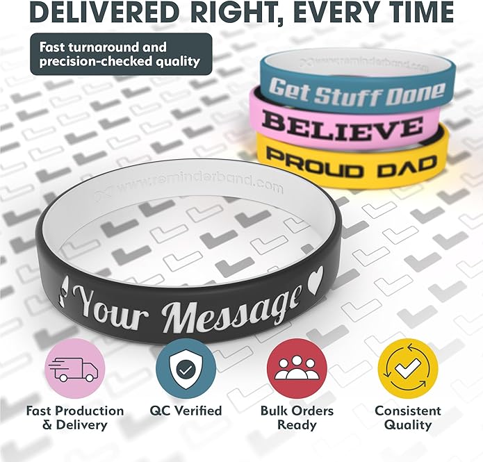 Reminderband Custom 100% Silicone Luxe Wristbands – Personalized Motivational Bracelets, Bulk Rubber Bands for Events, Fundraisers, Awareness, Gifts - Hypoallergenic Bands