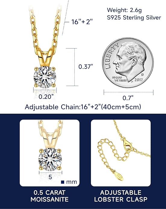 MomentWish Moissanite Solitaire Pendant Necklaces for Women Sterling Silver 0.3/0.5/1/2-Carat D Color VVS1 Clarity Mossanite Jewelry for Women