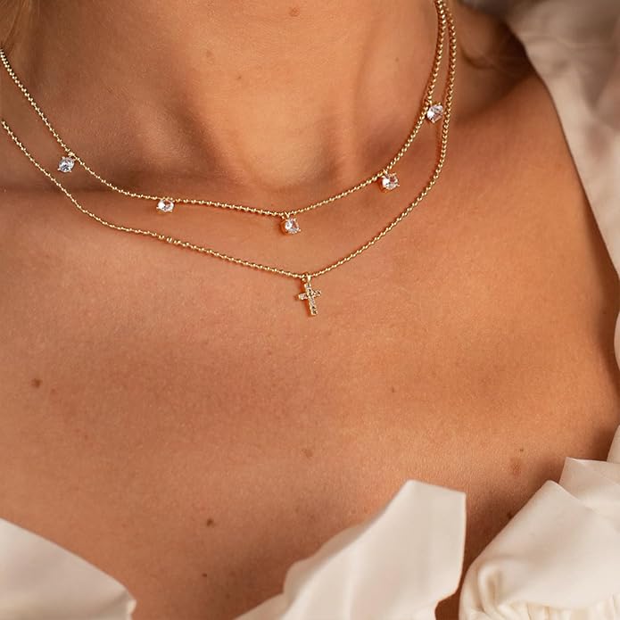 Cross Necklace for Women 14K Gold Silver Plated Dainty Small Cross Pendant Choker Simple Trendy Cute Cross Charm Chain Necklace Easter Basket Stuffers Baptism Religious Faith Jewelry Gift
