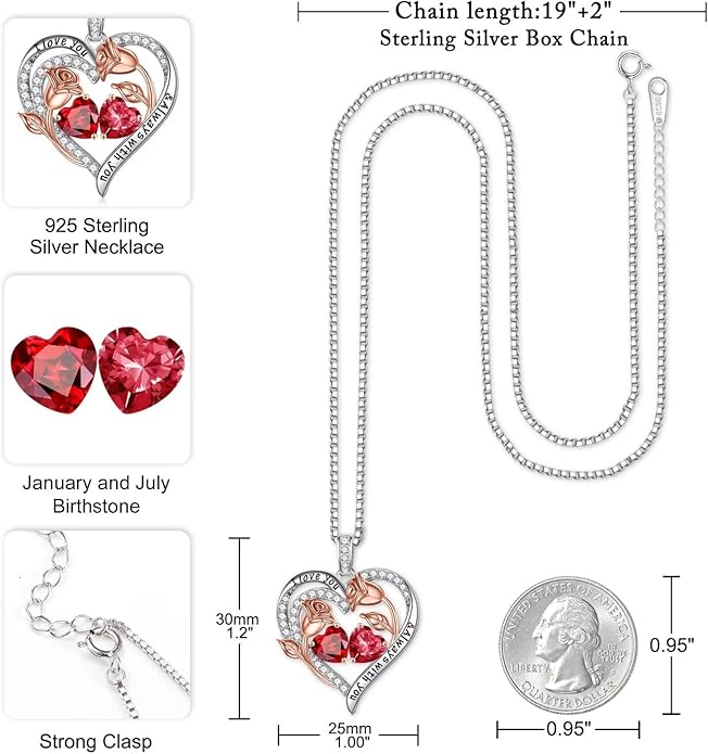 Iefil Birthstone Necklace for Women - 925 Sterling Silver Rose Heart Birthstone Necklace Birthday Anniversary Jewelry Gifts for Her Wife Mom Daughter