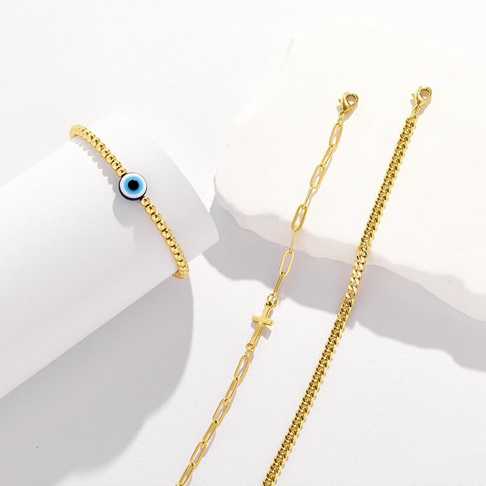 Gold Bracelets for Women Non Tainish,Dainty Bracelets Stack for Women Trendy, Gold Plated Cuff Bracelets Stack With Beaded Cuban Paperclip Snake Rope Bangle Hand Chain Jewelry Gifts for Women