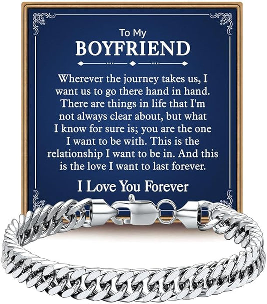 IEFLIFE Bracelet Gifts for Men Him - Silver/Black Stainless Steel Cuban Link Chain Bracelet Gifts for Son Grandson, Fathers Day Anniversary Birthday Gift for Men Husband, 8mm Bracelets Gift Jewelry