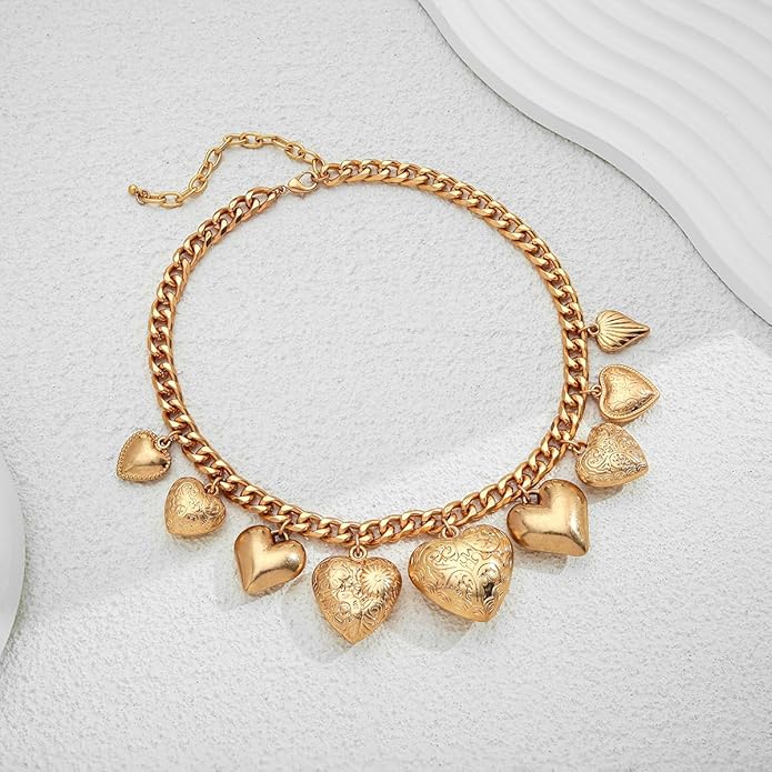 CLASSYZINT Gold Heart Pendant Necklace for Women Puffy Heart Necklace Beads Chain Necklace Statement Necklace Trendy Jewelry