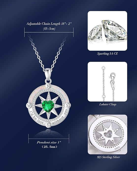 FANCIME Compass Necklace for Women Sterling Silver Compass Jewelry Opal Pendant Fine Jewelry Gemstone Birthday Mother's Day Gifts for Wife