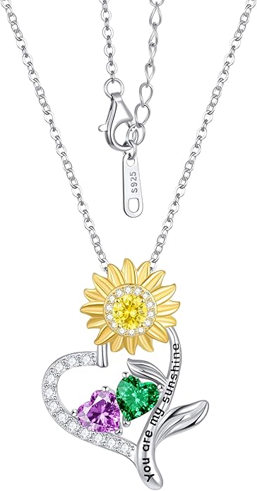 PERJI Valentine's Day Gifts for Women - 925 Sterling Silver Double Birthstone Sunflower Necklace, Anniversary Birthday Jewelry You are My Sunshine Gifts for Wife Couple Girlfriend 18"+2" Non Tarnish
