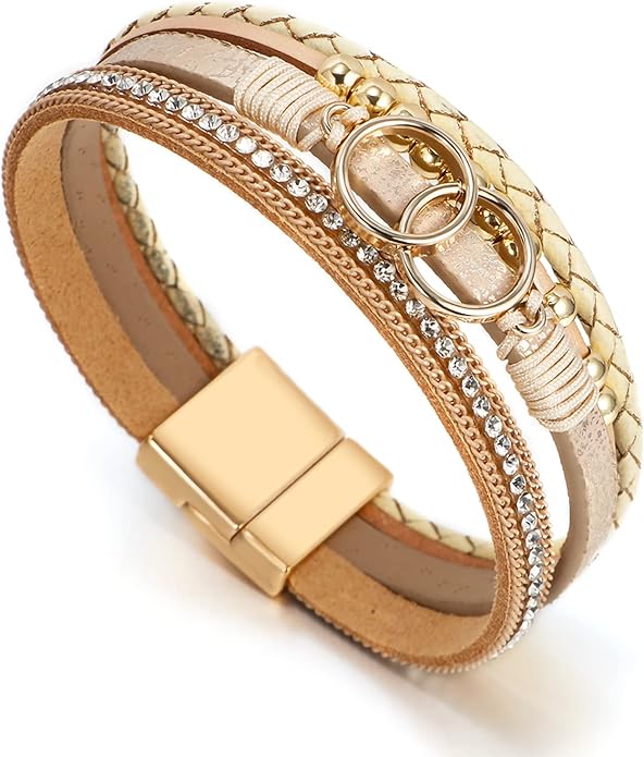 Fesciory Leopard Bracelet for Women, Boho Leather Wrap Multi-Layer Pearl Crystal Bracelet Bangle Jewelry
