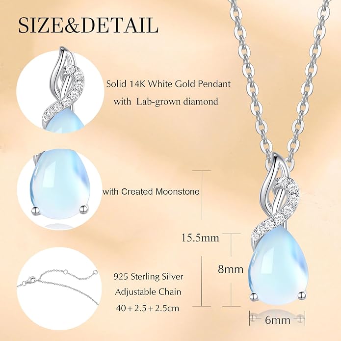 FANCIME 14K Solid White Gold Teardrop Pendant with Diamond Birthstone Necklace