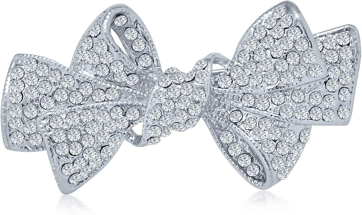 Winter Holiday Blue White Glittering Crystal Bridal Fashion Large Statement Ribbon Scarf Bow Brooch Pin For Women Rose Gold or Silver Plated