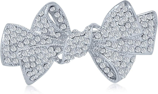 Winter Holiday Blue White Glittering Crystal Bridal Fashion Large Statement Ribbon Scarf Bow Brooch Pin For Women Rose Gold or Silver Plated