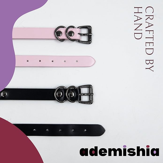 Black/Pink Leather Choker Necklace For Women, Handmade Adjustable Chain Collar with Metallic Heart Ring