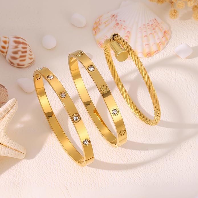 Gold Bracelets for Women - Stackable Bangles with Friendship & Love Theme - Stainless Steel Jewelry Gift for Her