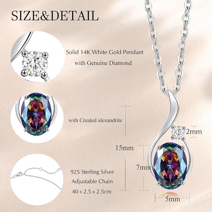 FANCIME 14K Solid White Gold Oval Gemstone Necklace with Diamond Pendant Gifts for Mom Women,16"+2" Inches