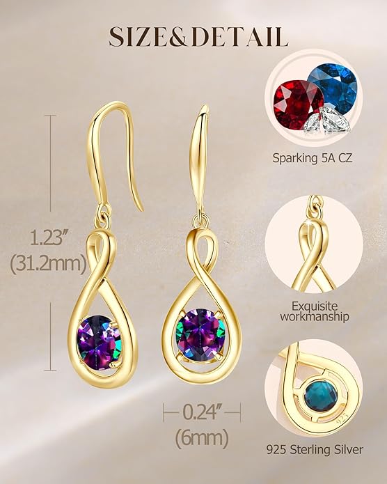 FANCIME Dangle Drop Earrings 925 Sterling Silver Dainty Infinity Round Gemstone Birthstone Jewelry Birthday Gifts for Her Women