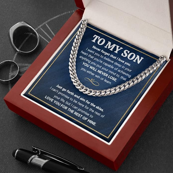FG Family Gift Mall To My Son From Mom, Son Gifts From Mom and Dad, Mother and Son Necklace, Birthday Gift For My Son Graduation Christmas Cuban Link Chain Necklace Present