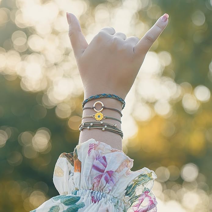 FANCY SHINY Sunflower String Bracelet Boho Braided Rope Wrap Bracelets Cute Summer Beach Surfer Jewelry for Women