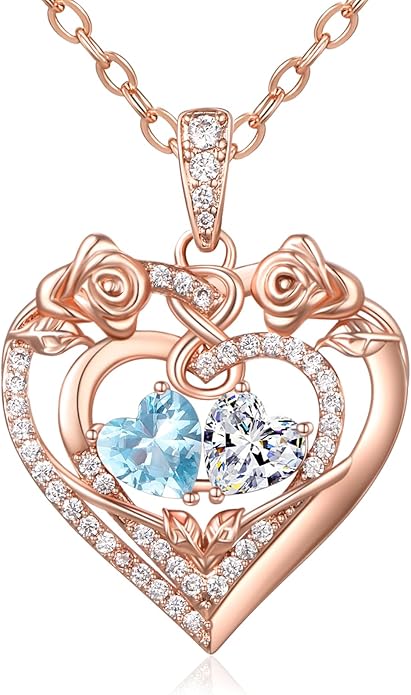JIYVY32 Rose Heart Necklace for Women Exquisite 925 Sterling Silver Anniversary Birthday Gifts for Wife Mom Her Double Birthstone Pendant Jewelry