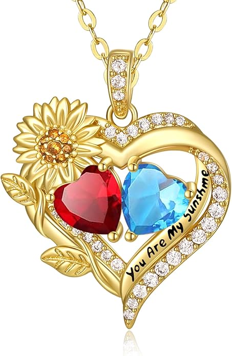 Sunflower Heart Necklace for Women 14K Gold Exquisite Anniversary Birthday Gifts for Wife Mother Her Double Birthstone Pendant jewelry‘You Are My Sunshine’