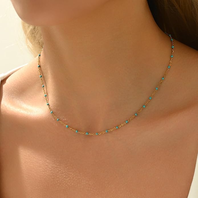 Gold Chain Necklace for Women Dainty 18K Gold Plated Thin Satellite Beaded Turquoise Necklace Simple Gold Boho Jewelry