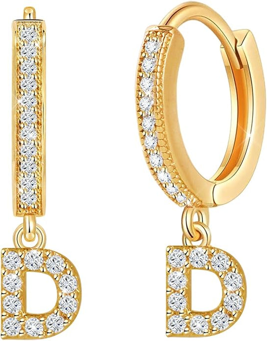 18K Gold Filled Initial Dangle Hoop Earrings for Women, 1 Pair CZ Hypoallergenic Alphabet Letter A-Z Drop Dangle Dainty Gold Earrings, Small Huggie Hoop Earrings with Cubic Zirconia Gifts Jewelry