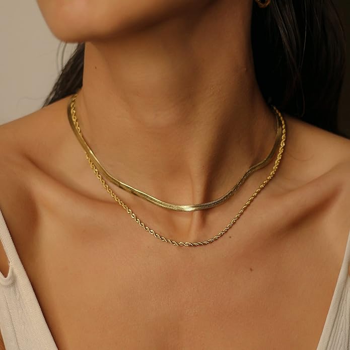 Freekiss Herringbone Necklace for Women,Dainty Gold Necklace,14k Gold Plated Snake,Gold Chain Choker Necklaces,Simple Gold Layered Necklaces,Gold Jewelry Gift for Women