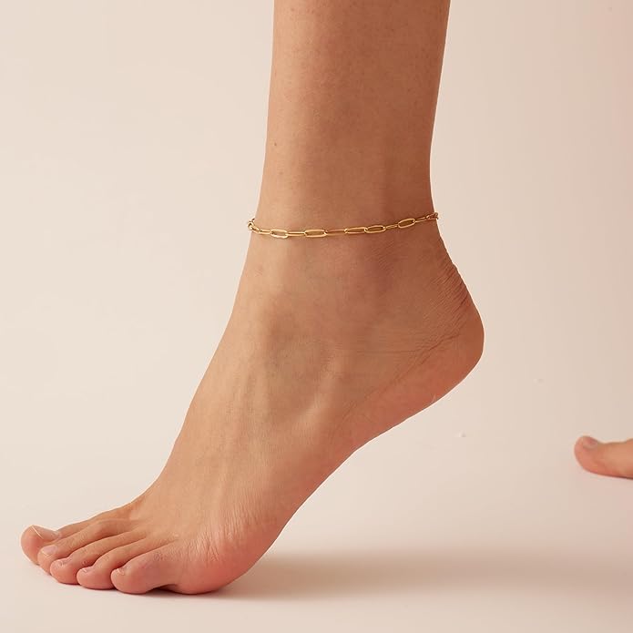 Ankle Bracelets for Women Dainty 18K Gold Plated Anklet Waterproof Round Beaded Paperclip Herringbone Pearl Chain Anklets Waterproof Beach Foot Jewelry