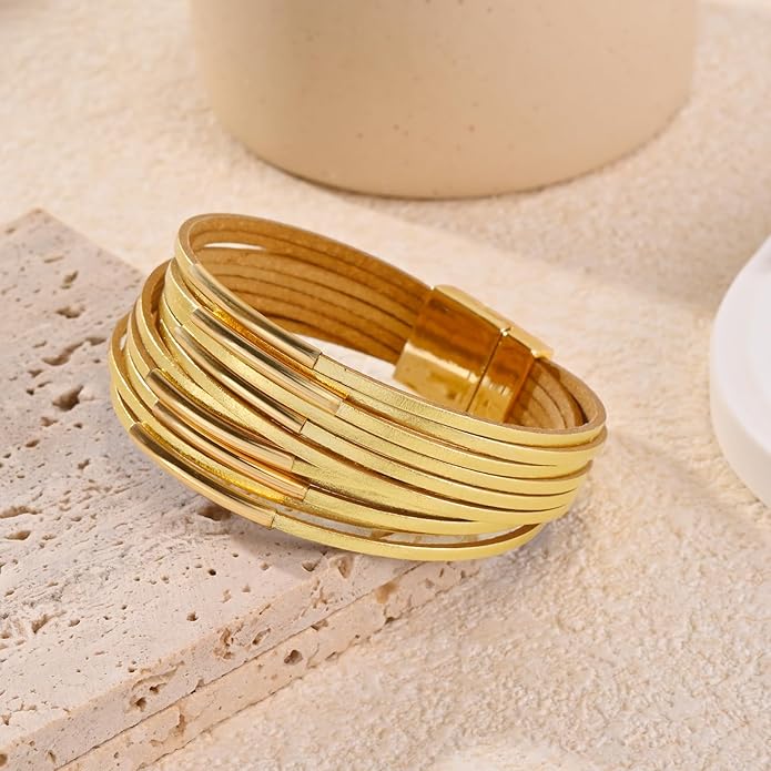 ENGCKSHI Wrapped Bracelets for Women,Leather Bracelet,Boho Bracelets for Women,Multi-Layer Pearl Crystal Bracelet Bangle Jewelry
