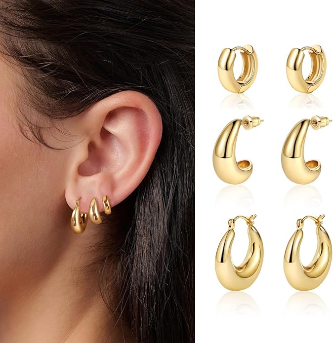 MIDEEO Gold/Sliver Chunky Hoop Earrings Set for Women, 14K Gold Plated Twisted Huggie Hoop Earring Hypoallergenic Thick Open Lightweight Chunky Hoop Earrings Jewelry for Gifts