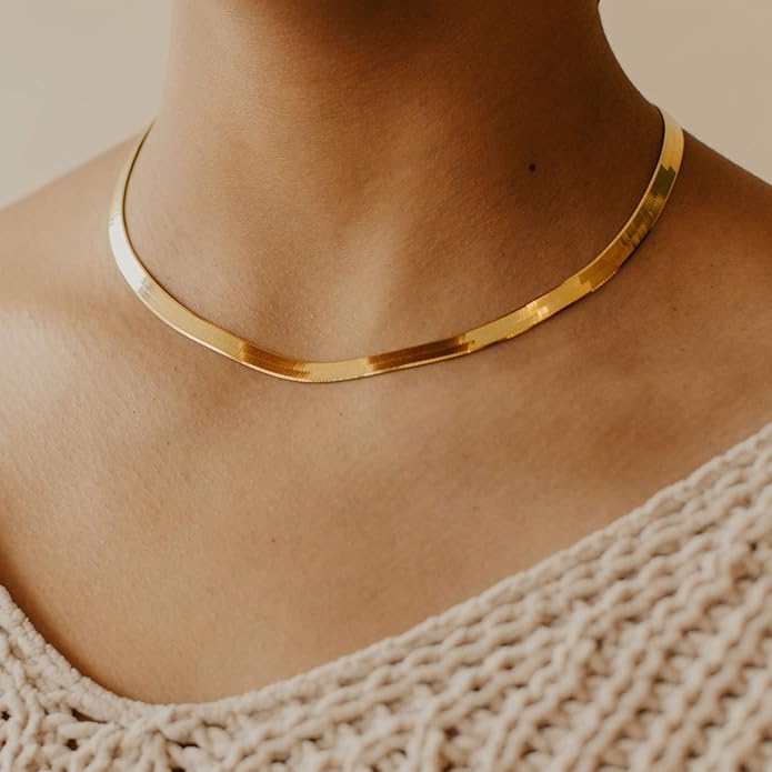 DEARMAY 14K Gold Plated Necklaces for Women, Dainty Gold Herringbone Choker Necklace Thin Layered Snake Chain Jewelry for Gifts