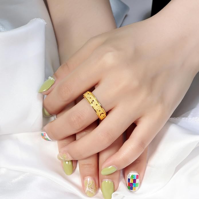 AmorArtSky Anxiety Ring for Women Men, Titanium Stainless Steel Spinner Ring, 5 Colors, 6MM, Size 6-10, 3 Styles Anxiety Ring-Moon Star, Sandblasted Finished, Hollow Outer