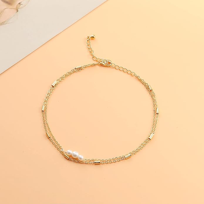 Pencros Dainty Layered Anklet,14K Gold Filled Cute Beads Satellite Chain Heart Boho Adjustable Anklets for Women