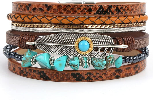 Fesciory Leopard Bracelet for Women, Boho Leather Wrap Multi-Layer Pearl Crystal Bracelet Bangle Jewelry