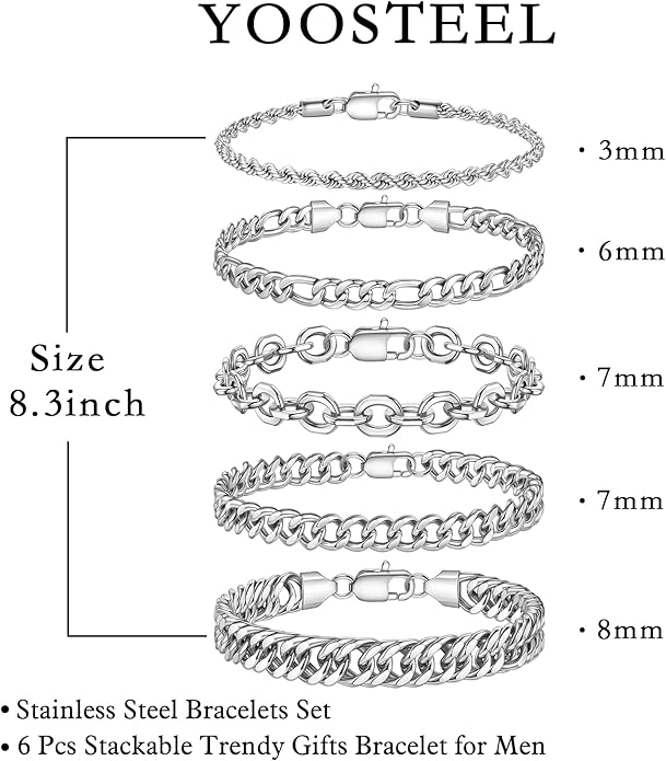Yoosteel Mens Bracelets - Silver Chain Bracelet Stainless Steel Cuban Link Stack Bracelets Sturdy Rope Paperclip Chains Set 7.5/8.3/9 inches Trendy Jewelry for Men