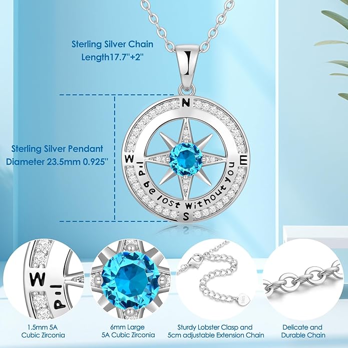 Zifeel Compass Necklace Gifts for Women wife - S925 Sterling Silver Birthstone Necklaces for Women - Anniversary Birthday Gifts for Her Wife Girlfriend - Valentines Mom Mothers Day Christmas Gifts Jewelry for Women