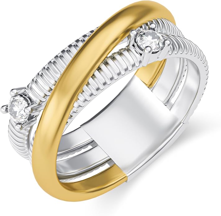 Two-Tone Wide Statement Ring for Women - Gold Silver Crossover Band with Ribbed Texture - Modern Fashion Jewelry Cocktail Ring - Mixed Metal Layered Design