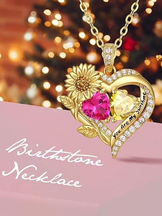 Sunflower Heart Necklace for Women 14K Gold Exquisite Anniversary Birthday Gifts for Wife Mother Her Double Birthstone Pendant jewelry‘You Are My Sunshine’