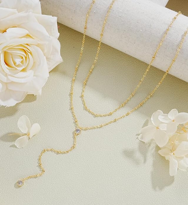 iF YOU Lariat Gold Long Necklaces for Women Trendy, Dainty 14K Gold Plated Drop Chain Necklace, Layered Rosary Beaded Y Necklaces Simple Fashion Jewelry Gifts