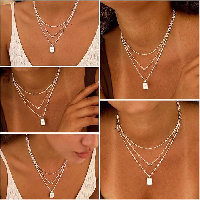 Layered Silver Necklace for Women Trendy Silver Plated Dainty Stackable Necklace Set Cuban Paperclip Herringbone Link Chain Coin/Cross/diamond/Mobius Pendant Necklaces Fashion Accessories Jewelry Gift