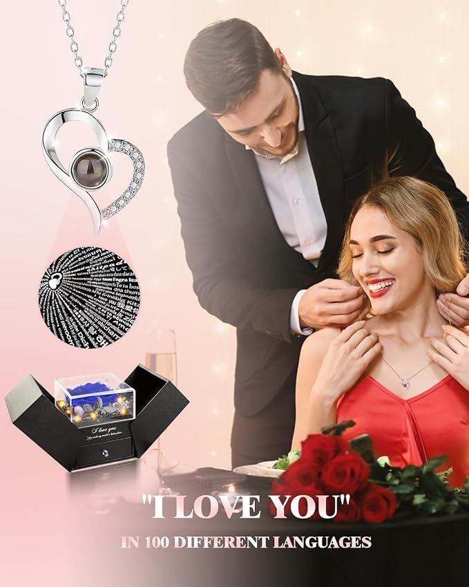 Birthday Gifts for Women, Preserved Real Roses with Heart Necklace I Love You in 100 Languages, Romantic Anniversary Wedding Gifts for Women Her Girlfriend Wife, Forever Roses Necklace Gift Box Blue