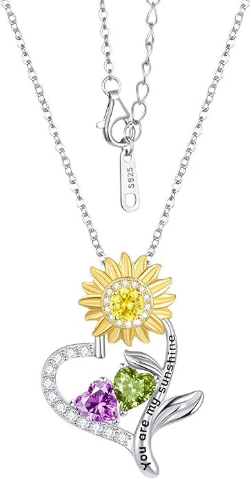 PERJI Valentine's Day Gifts for Women - 925 Sterling Silver Double Birthstone Sunflower Necklace, Anniversary Birthday Jewelry You are My Sunshine Gifts for Wife Couple Girlfriend 18"+2" Non Tarnish