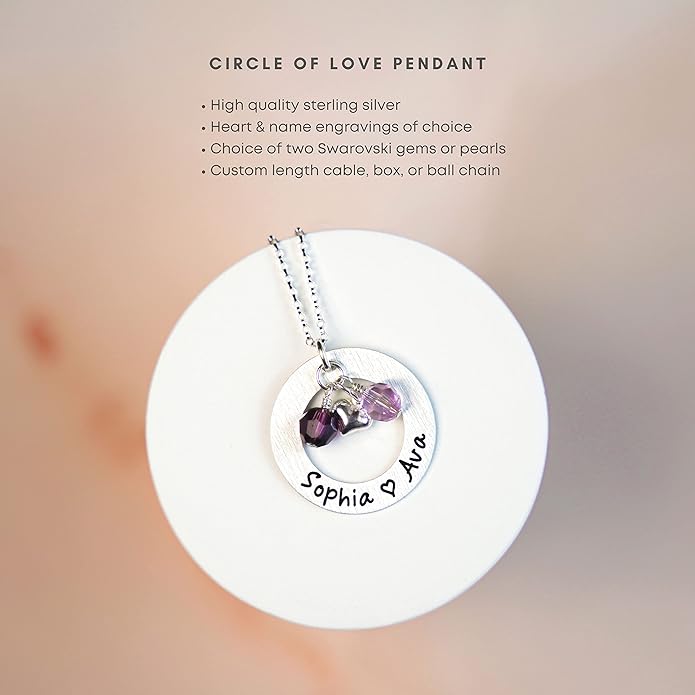 AJ's Collection Love Display with Personalized Sterling Silver Round Washer, Hand Finished. Includes up to 4 Crystal Birthstones or Pearls, and a choice of 925 Chain. Gift for Her