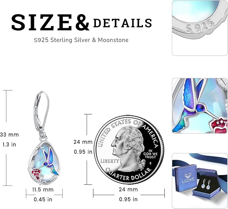 Sterling Silver Tree of Life/Flower/Bee/Animals/Cat/Hummingbird Dangle Earrings Moonstone Turquoise Drop Leverback Earrings Jewelry Gifts