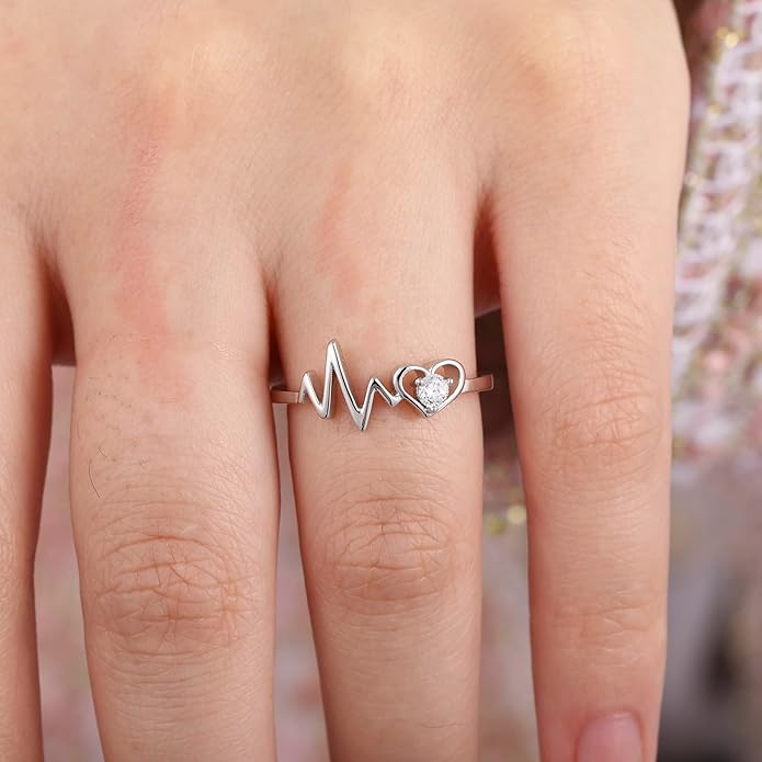 Arvaleff 925 Sterling Silver Rings for Women Ladies Wedding Band V Shaped Heatbeat Pattern Cubic Zirconia Engagement Eternity Ring Thin Stackable Comfort Fit Size 4-12
